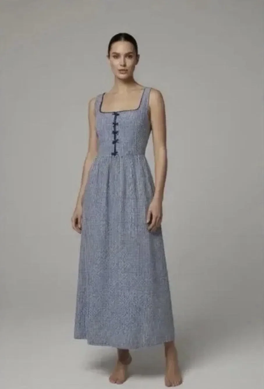 Caroline Constas Dress Blue Gingham Smocked Maxi Sundress Cottagecore Large - Picture 1 of 6